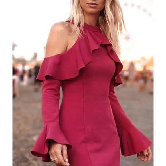 Free People Dresses & Skirts - Free People Raspberry Pink Ruffle Cold Shoulder Halter Festival Mini Dress